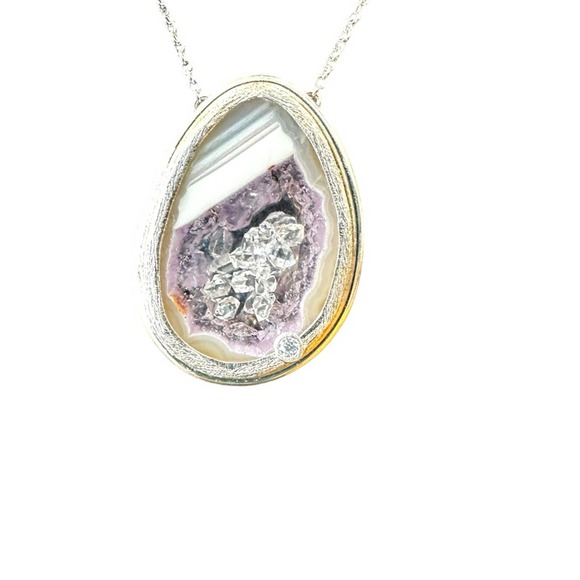 Natural Geode Floating Crystals Herkimer Diamond Sterling Silver Necklace NEW